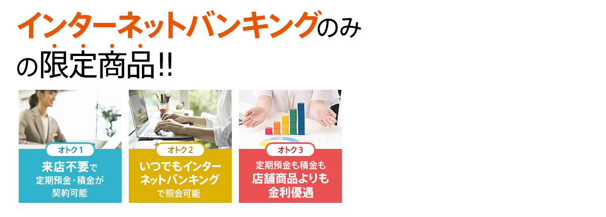 インターネットバンキングのみの限定商品!! オトク1 来店不要で定期預金・積金が契約可能 オトク2 いつでもインターネットバンキングで照会可能 オトク3 定期預金も積金も店舗商品よりも金利優遇